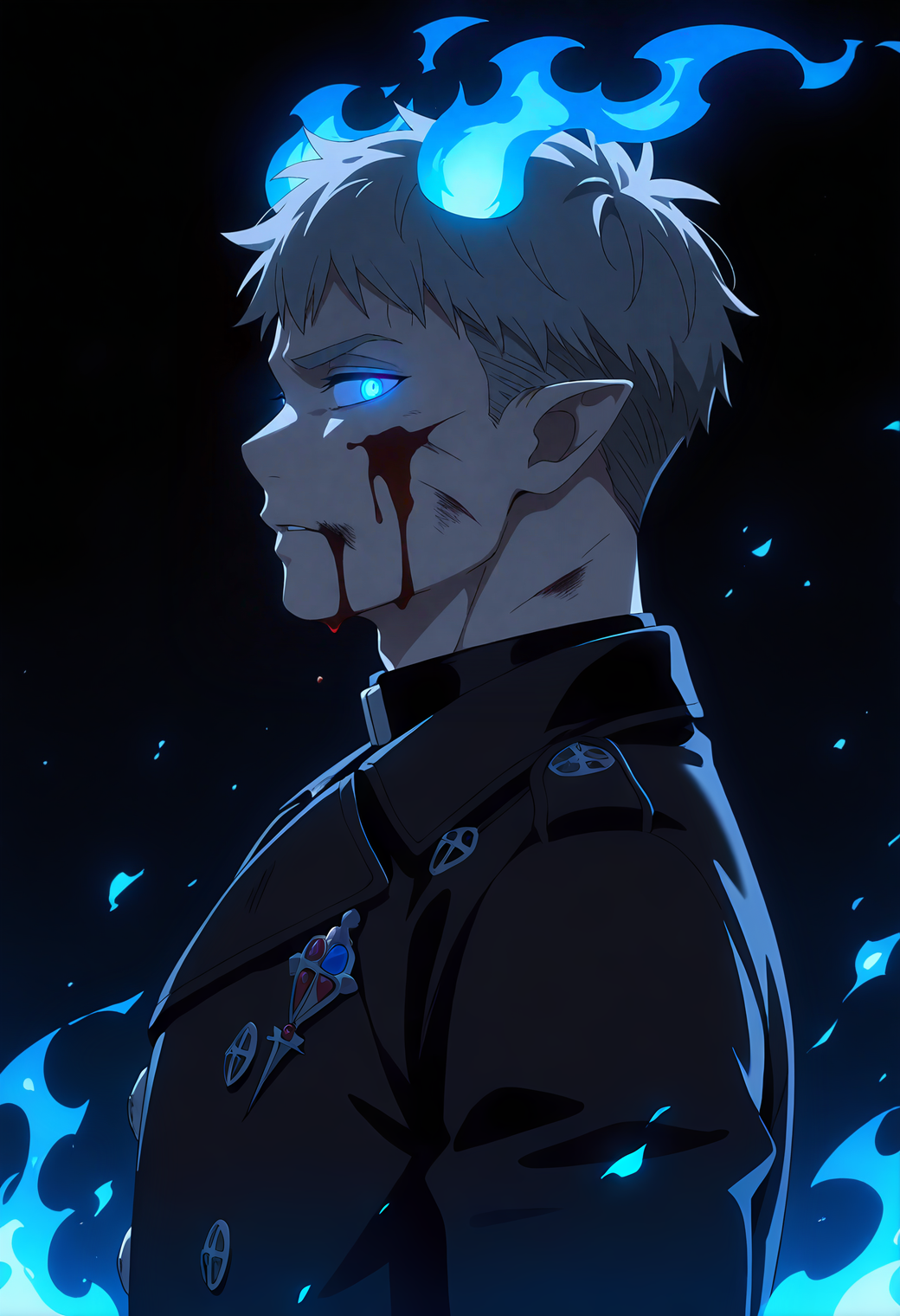 <lora:Fujimoto_Shiro_Blue_Exorcist__Ao_No_Exorcist__éã®ç¥é­å¸«_v2_NAI:1>,
anime screenshot, 
fsh1r0,grey hair,blue eyes,1boy,male focus,solo,fsh1r0_brooch,fsh1r0_outfit,(muscular male:0.6), injury,blood on face,blue theme,(dark),black background,blue fire,blue embers,pointy ears,upper body,from side,looking at viewer,glowing eyes,high contrast,fiery horns, masterpiece,best quality,amazing quality,absurdres,highres