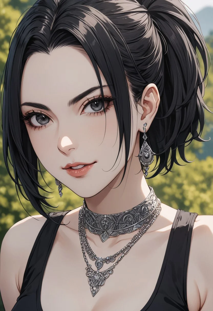 gorgeous lips, cinematic, (masterpiece), (best quality), (ultra-detailed), very aesthetic, perfect composition, intricate details, absurdres, detailed face, (anime, masterpiece, intricate:1.3), (best quality, hires textures, high detail:1.2), (4k),(incredibly detailed:1.4) 
 graceful face, slim, big breasts, constricted waist, nice body, lips, arrogant look, villain, 1woman, evilish smile, high pointed nose, (nostrils:1.3), neatly, 22-year-old woman, gray shirt soaked, pale skin, black eyes, bob hair, black hair, evil look,
fang, forelock, black tank top, cleavage, black pants, belt, belly, navel, facing viewer, upper body, outdoors , necklace, earrings, collar, werewolf,  ear fur