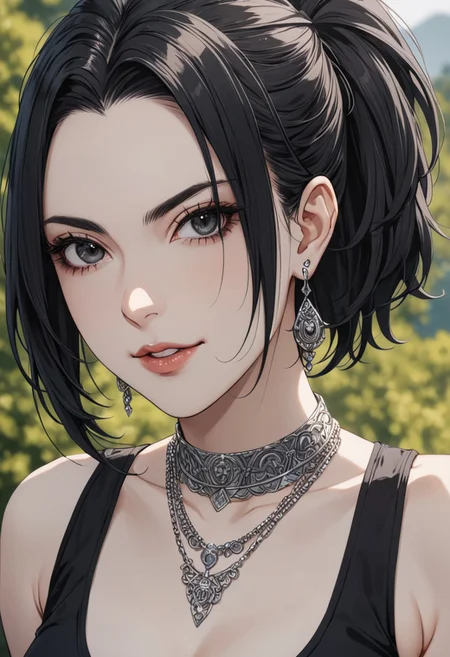 gorgeous lips, cinematic, (masterpiece), (best quality), (ultra-detailed), very aesthetic, perfect composition, intricate details, absurdres, detailed face, (anime, masterpiece, intricate:1.3), (best quality, hires textures, high detail:1.2), (4k),(incredibly detailed:1.4)
graceful face, slim, big breasts, constricted waist, nice body, lips, arrogant look, villain, 1woman, evilish smile, high pointed nose, (nostrils:1.3), neatly, 22-year-old woman, gray shirt soaked, pale skin, black eyes, bob hair, black hair, evil look,
fang, forelock, black tank top, cleavage, black pants, belt, belly, navel, facing viewer, upper body, outdoors , necklace, earrings, collar, werewolf, ear fur