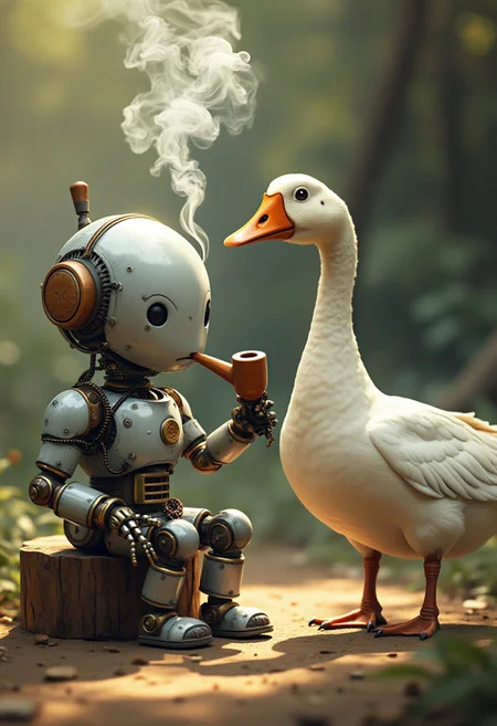 seated chibi robot smoking burled wooden pipe in front of large white goose, long neck goose admiring wafting smoke coming from port atop robot, scene is exotic aboriginal market, hot weather, sunshine and shadows, forest background