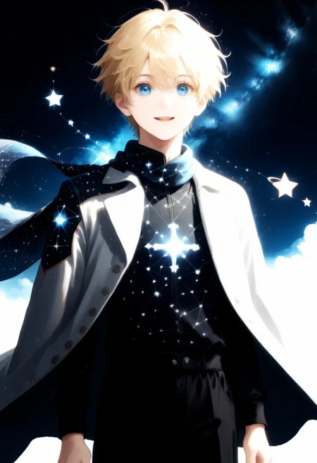 , score_9, score_8_up, score_7_up, 1boy, highly detailed, aesthetically stunning, anime-style, blonde-haired, blue-eyed, young man, short hair, bangs, smiling, open mouth, white coat, long sleeves, white baggy shorts, glowing scarf, floating, space setting, starry sky, star symbols, intricate, luminous, amazing aesthetic, intricate details