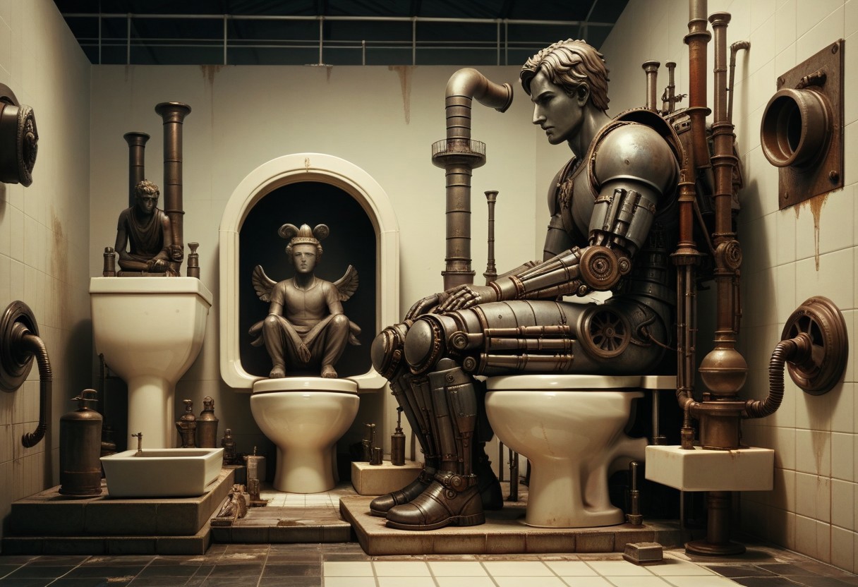 Score_9,Score_8, machinery, statue of a man sitting on a toilet