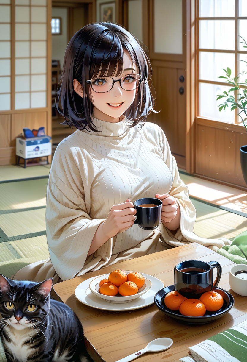 score_9, score_8_up, score_7_up, rating_safe, masterpiece, best quality, absurdres, unity 8k wallpaper, official art, official style, source_anime, uncensored, game cg, megami magazine, ultra delicate hair, 
1girl, glasses, black hair, medium hair, medium breasts, white ribbed sweater, sitting, happy, smile, looking at viewer, 
 (kotatsu:1.2), mandarin orange, sliding doors, tatami, indoors, cat, coffee mug, 
 <lora:kotatsu_pony_V1:1.2>