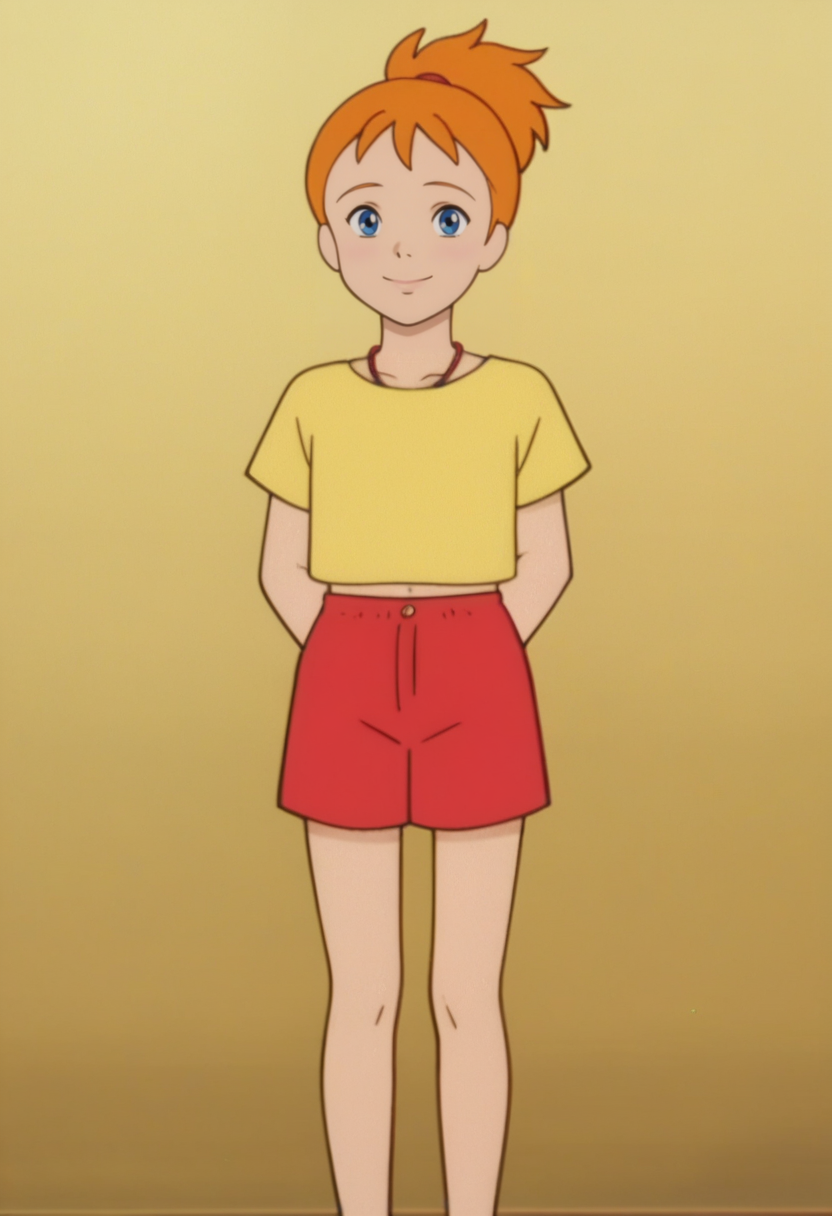 source_anime,anime screencap, anime coloring,intricate details,rating_safe, masterpiece, best quality,
(best quality, absurd res, ultra detailed),,(4 finger:0.5),1girl, ((solo)), good eyes,perfect eyes,,detailed eyes, zPDXLxxx , zPDXL3,detailed, detailed face
BREAK
solo,simple background,standing, front view, hands behind back, smile, 
Nanami, orange hair, ponytail, blue eyes, yellow shirt, short sleeves, red shorts, necklace,midriff,
, <lora:add-detail-xl:2>  <lora:Nanami_Simpson:0.8>