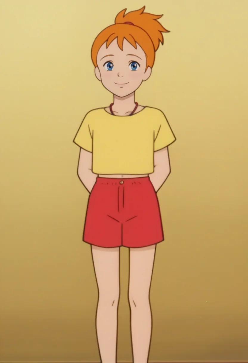 source_anime,anime screencap, anime coloring,intricate details,rating_safe, masterpiece, best quality,
(best quality, absurd res, ultra detailed),,(4 finger:0.5),1girl, ((solo)), good eyes,perfect eyes,,detailed eyes, zPDXLxxx , zPDXL3,detailed, detailed face
BREAK
solo,simple background,standing, front view, hands behind back, smile,
Nanami, orange hair, ponytail, blue eyes, yellow shirt, short sleeves, red shorts, necklace,midriff,
, <lora:add-detail-xl:2> <lora:Nanami_Simpson:0.8>