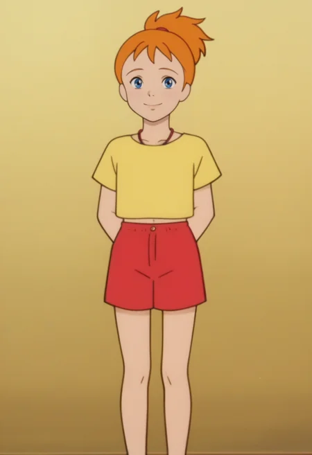source_anime,anime screencap, anime coloring,intricate details,rating_safe, masterpiece, best quality,
(best quality, absurd res, ultra detailed),,(4 finger:0.5),1girl, ((solo)), good eyes,perfect eyes,,detailed eyes, zPDXLxxx , zPDXL3,detailed, detailed face
BREAK
solo,simple background,standing, front view, hands behind back, smile,
Nanami, orange hair, ponytail, blue eyes, yellow shirt, short sleeves, red shorts, necklace,midriff,
, <lora:add-detail-xl:2> <lora:Nanami_Simpson:0.8>