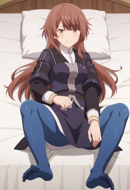 score_9, score_8_up, score_7_up, source_anime,
BREAK
1girl, solo, anime screencap, anime coloring,
<lora:shiMisfitEmiliaV1:1>, shiemilialudo, long hair, brown hair,
black uniform dress, long sleeves, capelet, white skirt, side slit, long skirt, blue pantyhose,
looking at viewer, smile, blush,
indoors, bed,
spread legs, feet, soles, lying, on back,