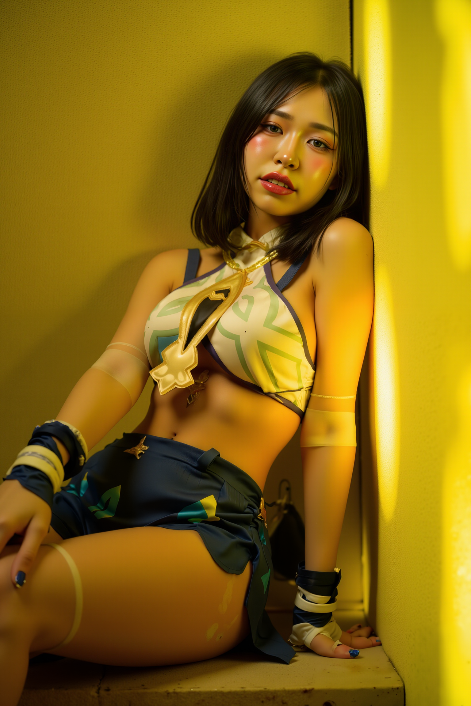 A professional, high-resolution image of a young woman in a casual leaning pose against a textured wall. Her shoulders rest against the surface with one foot crossed over the other, creating a relaxed triangular stance. One hand rests in her pocket while the other hangs naturally, conveying an approachable yet sophisticated mood.

She is wearing a SGWN53Clothing. Her makeup is dramatic, with dark eyeliner and bold, glossy pink lips. 

The lighting features a high-contrast, monochromatic white color scheme that creates a moody, intimate atmosphere. 

The photography technique uses what appears to be soft lighting to create a glamorous effect, with careful attention to highlighting contours while maintaining the dominant light yellow color scheme throughout the frame.

The overall aesthetic combines elements of fashion photography, traditional Asian visual motifs, and contemporary boudoir styling. The dramatic light yellow lighting creates a cohesive visual theme that ties all elements of the composition together.

The white light emit on her to show her feature.