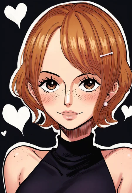 (score_9, score_8_up:1.1), score_7_up, 1girl, solo, expressive, hearts, dynamic, brown hair, short hair, brown eyes, pale skin girl, pale skin, freckles, turtleneck, bare shoulders, blush, white tulip hair ornament, looking_longingly, seductive, sexy_woman, black background <lora:onepiecestylev1:1> onepiecestyle
