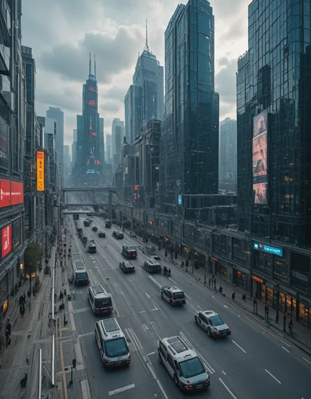<lora:CW_03_lunisilla:0.7> lunisdst. This photo captures a stunning futuristic urban streetscape dominated by colossal, floating skyscrapers that appear to defy gravity. These towering structures rise high into a partly cloudy sky, their reflections distorted and fragmented, suggesting advanced architectural or visual technology. At street level, a line of sleek, double-articulated futuristic buses moves down a broad avenue, alongside regular cars. The road is clean and highly structured, with clearly marked lanes and elevated walkways suggesting a city optimized for traffic flow and pedestrian integration. The buildings lining the street are covered in holographic advertisements, glowing neon signage, and large LED screens displaying tech-centric visuals and commercials. One prominent black building near the foreground stands out with bold red signage and luminous cyan digital displays. The overall ambiance is one of high-tech modernity blended with urban realism, evoking a cyberpunk aesthetic filled with movement, light, and towering innovation. from low angle