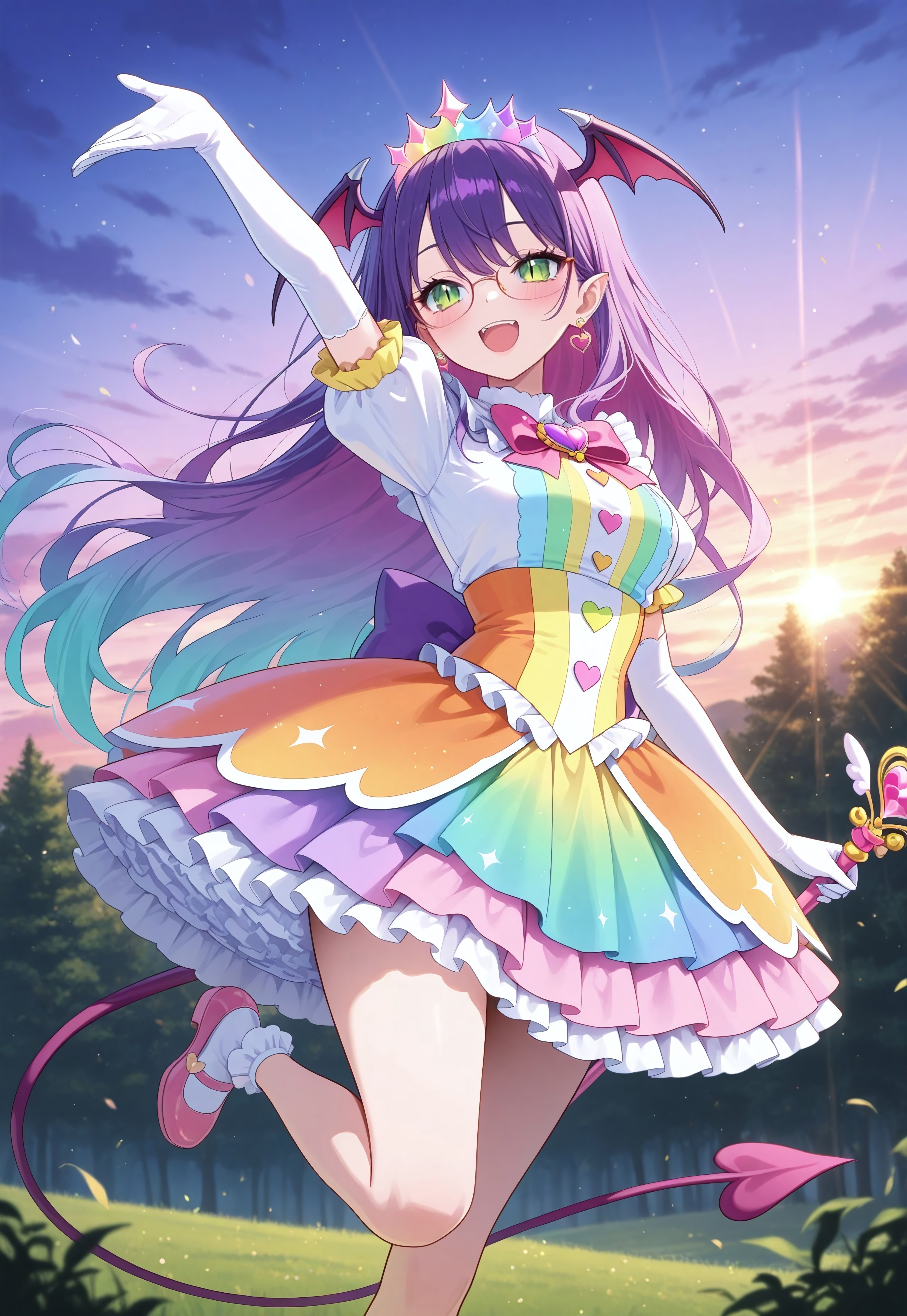 1girl, Lina Purple, purple hair, green eyes, slit pupils, succubus girl, glasses, succubus tail, long hair, multicolored hair, gradient hair, masterpiece, best quality, absurdres, medium breasts,
(pastel colors, pastel blue, pastel orange, pastel green, pastel purple), pastel rainbow magical girl, padded magical girl dress, kawaii, frilled skirt, thighhighs, padded pastel rainbow dress, multilayered dress, petticoat, padded dress, puffy short sleeves, elbow gloves, rainbow tiara, gem brooch, large bow, ribbons, lace trim, frills, satin, sparkles, glitter, heart earrings, rainbow accessories, jewelry, bobby socks, frilled mary janes,
lipgloss, eyelashes, blush, light makeup,  
outdoors, nature, clouds, sunset,
solo, feet out of frame, standing on one leg, happy smile, one arm up, holding magical girl wand, heart scepter,
intricate, highly detailed, majestic, shallow depth of field, movie still, circular polarizer, light reflections, light particles, particles, sun rays