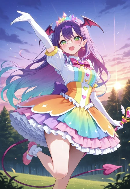 1girl, Lina Purple, purple hair, green eyes, slit pupils, succubus girl, glasses, succubus tail, long hair, multicolored hair, gradient hair, masterpiece, best quality, absurdres, medium breasts,
(pastel colors, pastel blue, pastel orange, pastel green, pastel purple), pastel rainbow magical girl, padded magical girl dress, kawaii, frilled skirt, thighhighs, padded pastel rainbow dress, multilayered dress, petticoat, padded dress, puffy short sleeves, elbow gloves, rainbow tiara, gem brooch, large bow, ribbons, lace trim, frills, satin, sparkles, glitter, heart earrings, rainbow accessories, jewelry, bobby socks, frilled mary janes,
lipgloss, eyelashes, blush, light makeup,
outdoors, nature, clouds, sunset,
solo, feet out of frame, standing on one leg, happy smile, one arm up, holding magical girl wand, heart scepter,
intricate, highly detailed, majestic, shallow depth of field, movie still, circular polarizer, light reflections, light particles, particles, sun rays