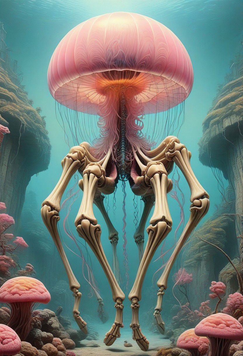 "attack on titan by francis bacon, surreal, jellyfish, big aquarium, norman rockwell, greg hildebrandt, horse skeleton, triadic color scheme, by greg rutkowski, exotic vegetation, tristan eaton, victo ngai, vibrant colors, pink and yellow, a still from the film alien, beksinski, biomechanical"