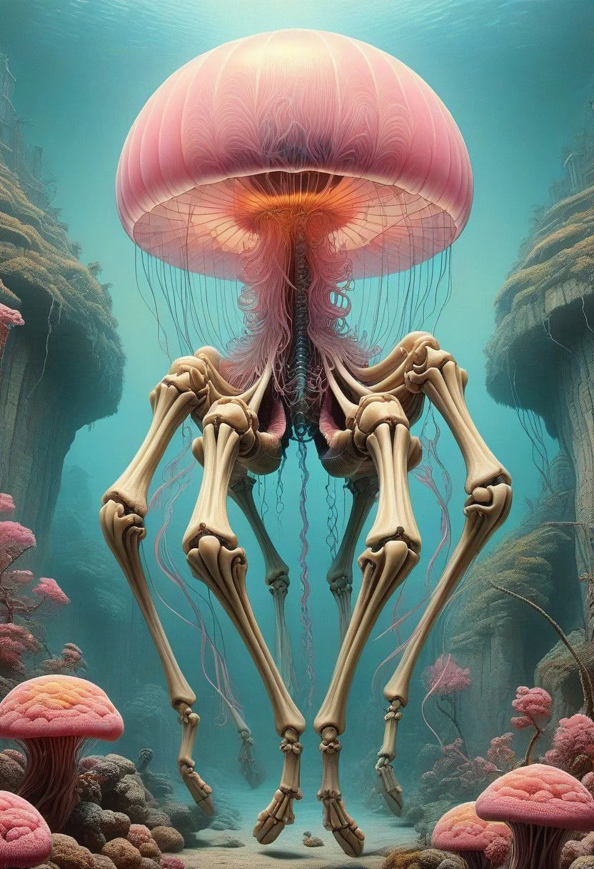 "attack on titan by francis bacon, surreal, jellyfish, big aquarium, norman rockwell, greg hildebrandt, horse skeleton, triadic color scheme, by greg rutkowski, exotic vegetation, tristan eaton, victo ngai, vibrant colors, pink and yellow, a still from the film alien, beksinski, biomechanical"