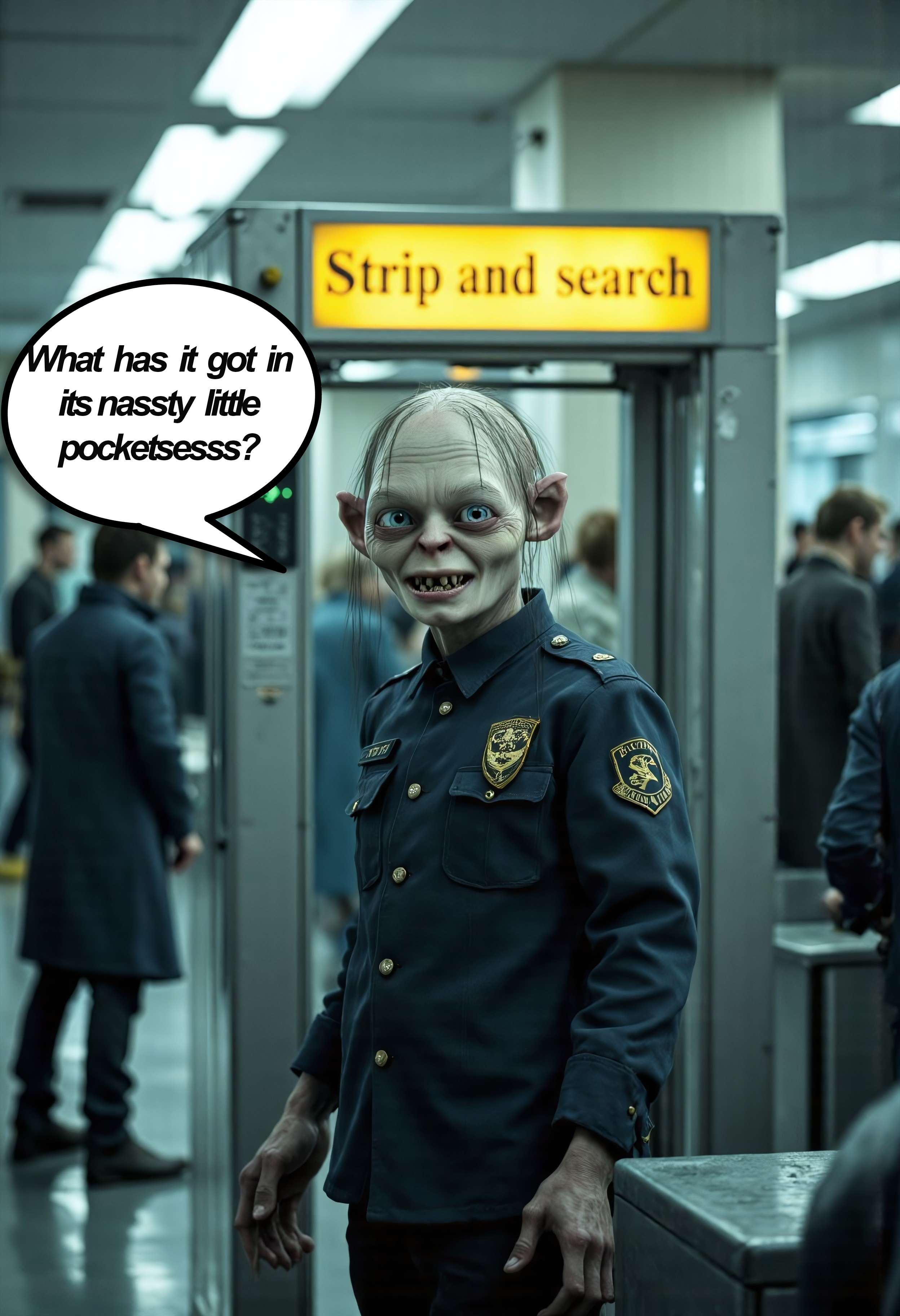 A photorealistic image of Gollum from The Lord of the Rings dressed in a TSA uniform, standing alone in an airport security checkpoint. Looking at the viewer with a mischievous, almost sinister expression, as if he is relishing his role. The TSA logo is prominently displayed on his uniform. Behind him, a walk-through metal detector is visible, along with a prominently displayed sign that reads, 'Strip and search' in bold lettering. The sterile, fluorescent lighting typical of an airport security area illuminates the clean, metallic surroundings and casts sharp shadows, emphasizing the unsettling yet humorous atmosphere. A speech bubble emerges from Gollum's mouth which reads "What has it got in its nassty little pocketsesss", adding an extra layer of intrigue and dark humor to the scene