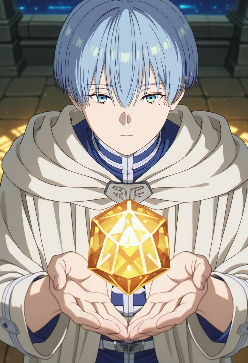 masterpiece, best quality, , anime screencap, , , looking at viewer, depth of field, 1boy, solo, male focus, <lora:himmel_sousou_no_frieren_ilxl:0.9>, himmel_sousou_no_frieren, blue hair, blue eyes, short hair, bangs, hair between eyes, mole under eye, crystal sanctuary, gem gardens, light temples, meditation crystals, peaceful pose, tranquil expression, prismatic light,