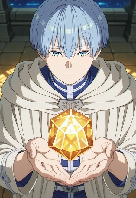 masterpiece, best quality, , anime screencap, , , looking at viewer, depth of field, 1boy, solo, male focus, <lora:himmel_sousou_no_frieren_ilxl:0.9>, himmel_sousou_no_frieren, blue hair, blue eyes, short hair, bangs, hair between eyes, mole under eye, crystal sanctuary, gem gardens, light temples, meditation crystals, peaceful pose, tranquil expression, prismatic light,