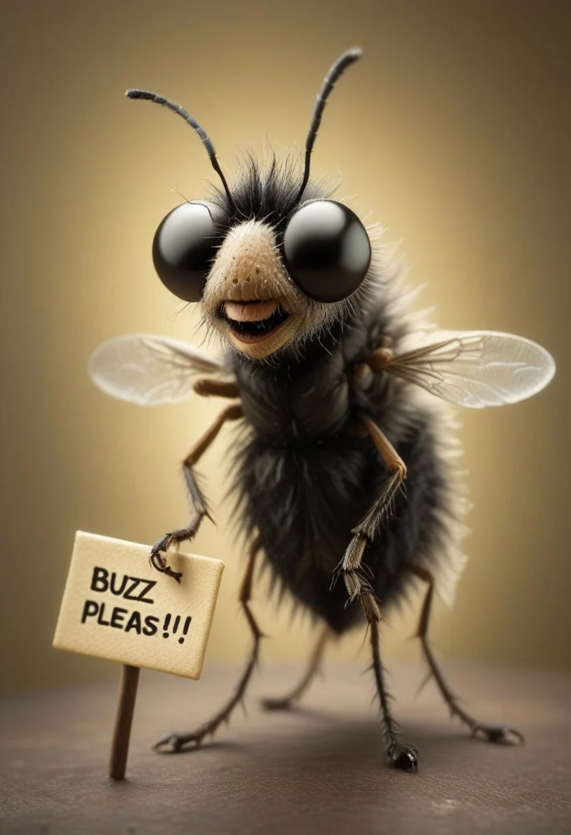 a fuzzy, anthropomorphic fly holding a sign which reads: "Buzz Please!"
macro, shallow dof