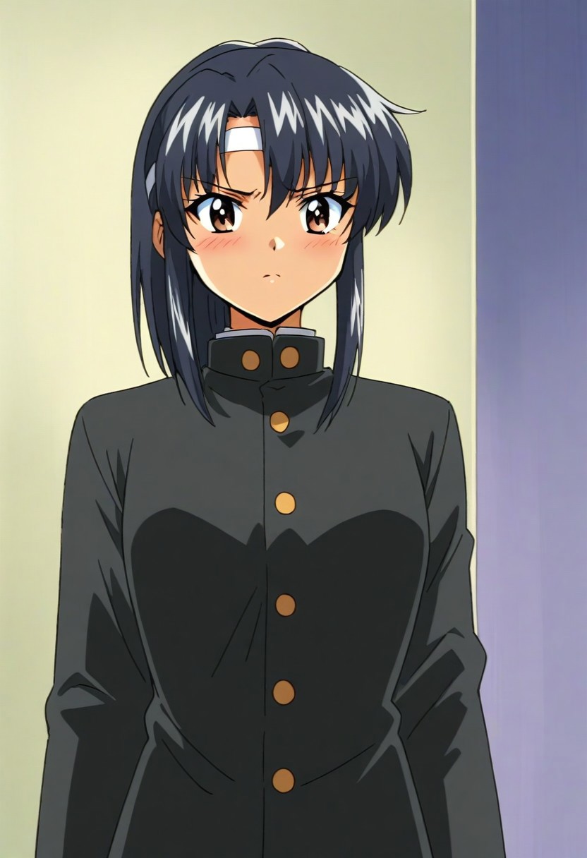 score_9, score_8_up, score_7_up, source_anime,  masterpiece, best quality, amazing quality, very aesthetic, absurdres, anime coloring, retro anime style, 1990s, office,
BREAK
RyoKaren, 1girl, solo, tan, black hair, ponytail, blush,  gakuran, white gloves, white bandana, white headband, standing, serious