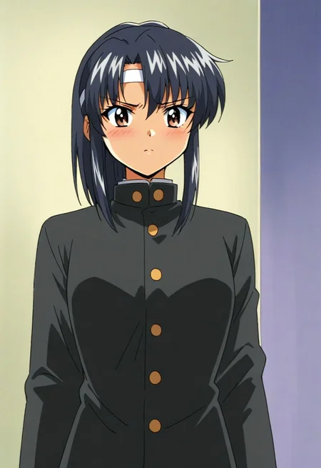 score_9, score_8_up, score_7_up, source_anime, masterpiece, best quality, amazing quality, very aesthetic, absurdres, anime coloring, retro anime style, 1990s, office,
BREAK
RyoKaren, 1girl, solo, tan, black hair, ponytail, blush, gakuran, white gloves, white bandana, white headband, standing, serious