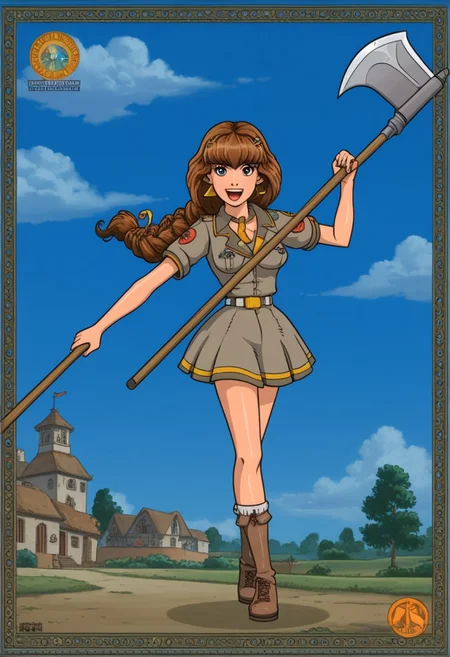 happy girl, random_combat_action_pose, scythe (4K4BUR5TYL3)