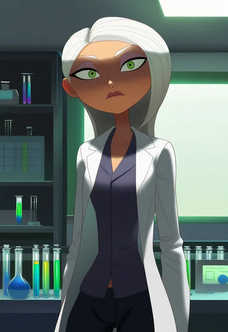 masterpiece, best quality, very aesthetic, absurdres,
1girl, mirage, white hair, long hair, green eyes, dark skin, makeup,
lab coat, black pants,
serious, solo, looking at viewer, indoors, standing, medical room, laboratory, vial on shelves, <lora:MirageNoobXL_byKonan:1>