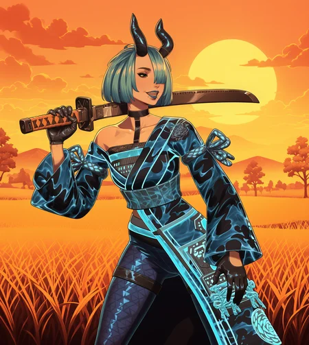 GLSHS,delicate colors,partially illuminated, masterpiece, absurdres, very awa, golden hour, orange theme, sunset, field, grass, holding a katana sword over shoulder, (fortniterimeflownightrosedefault:1.3), 1girl, short hair, bob cut, bangs, blunt bangs, blue hair, aqua hair, white hair, hair over one eye, hair between eyes, black eyes, blue lips, black lips, makeup, eyeshadow, open mouth, smile, (mole, moles, moles under mouth, mole under mouth, two moles under mouth,:1.3) bare shoulders, off shoulder, choker, black choker, single horn, horns, black horns, gloves, black gloves, jacket, dress, kimono, floral print, japanese clothes, sash, patterned, see-through, belt, long sleeves, wide sleeves, thighhighs, boots, blue footwear, high heels, breasts, <lora:GLSHS-IL:0.8>, <lora:Fortnite_The_Night_Rose_All_Outfits_ILXL:1>