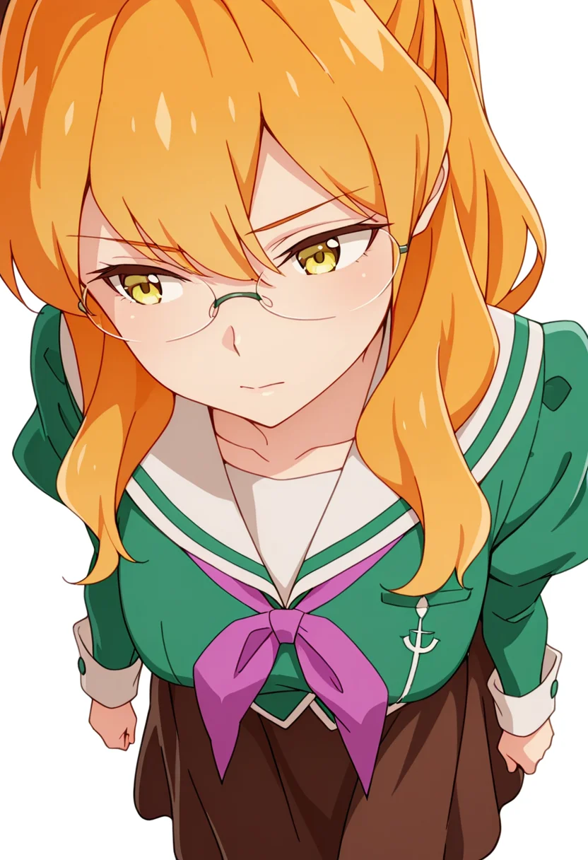 masterpiece,high quality details,absurdres,
<lora:Chibana_Sumika:0.8>
sumika_cnr, 1girl, orange hair, long hair,blonde hair, yellow eyes,
sumika_s1,green shirt, white sailor collar, serafuku,long skirt, brown skirt, juliet sleeves,pantyhose, loafers, glasses,, simple background, white background, from above,solo,, :i,