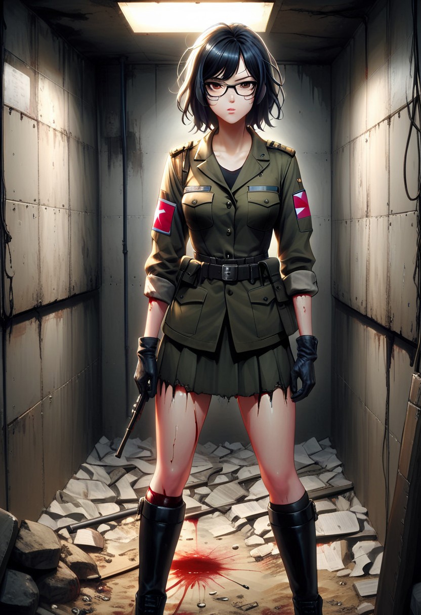 FFROA, full body, 1girl, tomie kawakami as a soldier, perfect face, black gloves, torn ss uniforms, black messy hair, glasses, blood on uniforms, black leather boots, standing in the bunker,