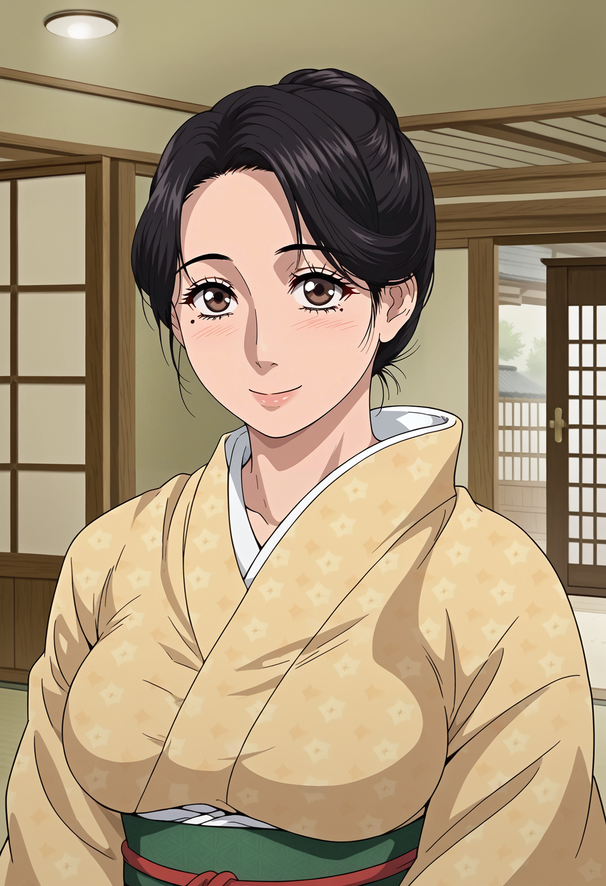 <lora:Ayaka_YOSHINO-Konna_ni_Yasashiku_Sareta_no:0.8>,Ayaka,mature female,1girl,solo,black hair,mole under eye,brown eyes,hair bun,japanese clothes,kimono,upper body,looking at viewer,indoors,smile
