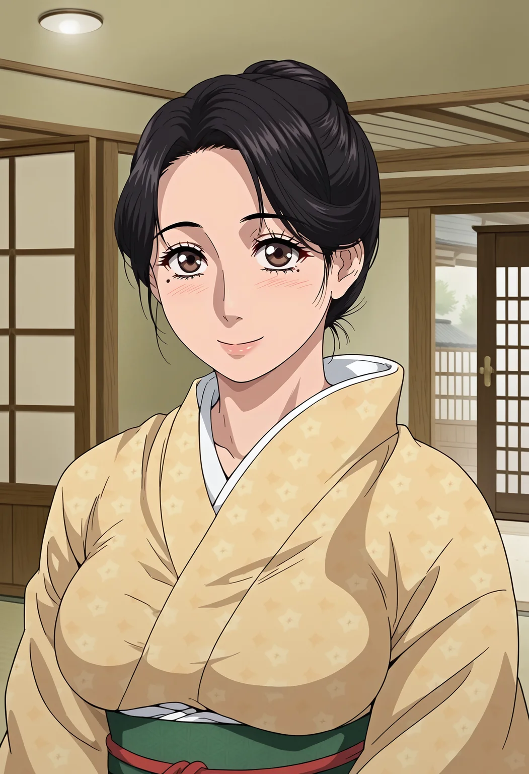 <lora:Ayaka_YOSHINO-Konna_ni_Yasashiku_Sareta_no:0.8>,Ayaka,mature female,1girl,solo,black hair,mole under eye,brown eyes,hair bun,japanese clothes,kimono,upper body,looking at viewer,indoors,smile