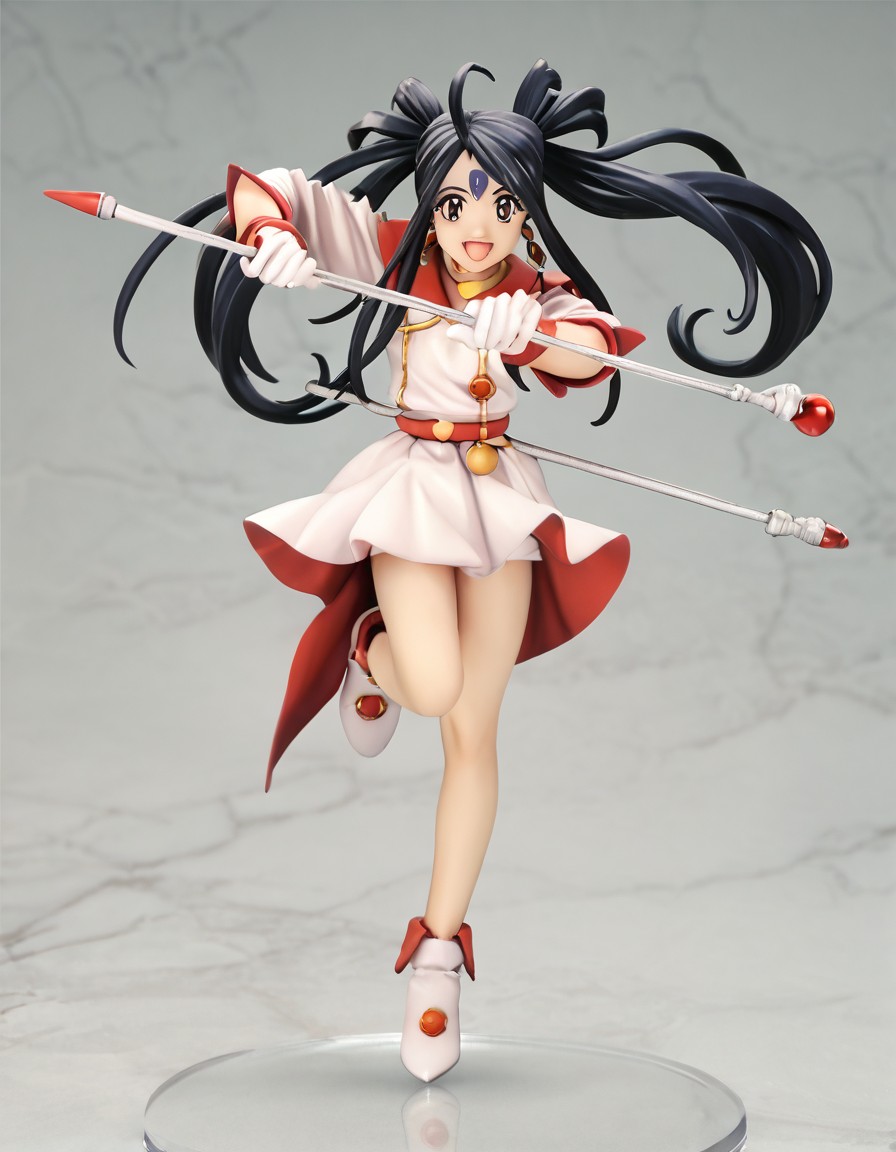 score_9, score_8_up, score_7_up, score_6_up, score_5_up, score_4_up, source_anime,  , Skuld, looking at viewer, smile, open mouth, gloves, twintails, jewelry, full body, :d, earrings, white gloves, magical girl, staff, wand, retro artstyle, 1990s (style)