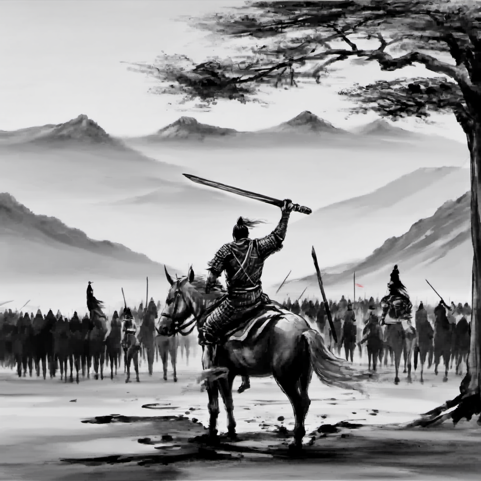 <lora:ink_xiakexing_xl_v1:0.8>,tree,mountains,
ink painting,a painting of a man on a horse with a sword in his hand and a group of men on horses in the background,1boy,holding,monochrome,weapon,greyscale,male focus,sword,holding weapon,armor,helmet,polearm,spear,riding,holding polearm,horse,horseback riding,letterboxed,spot color,