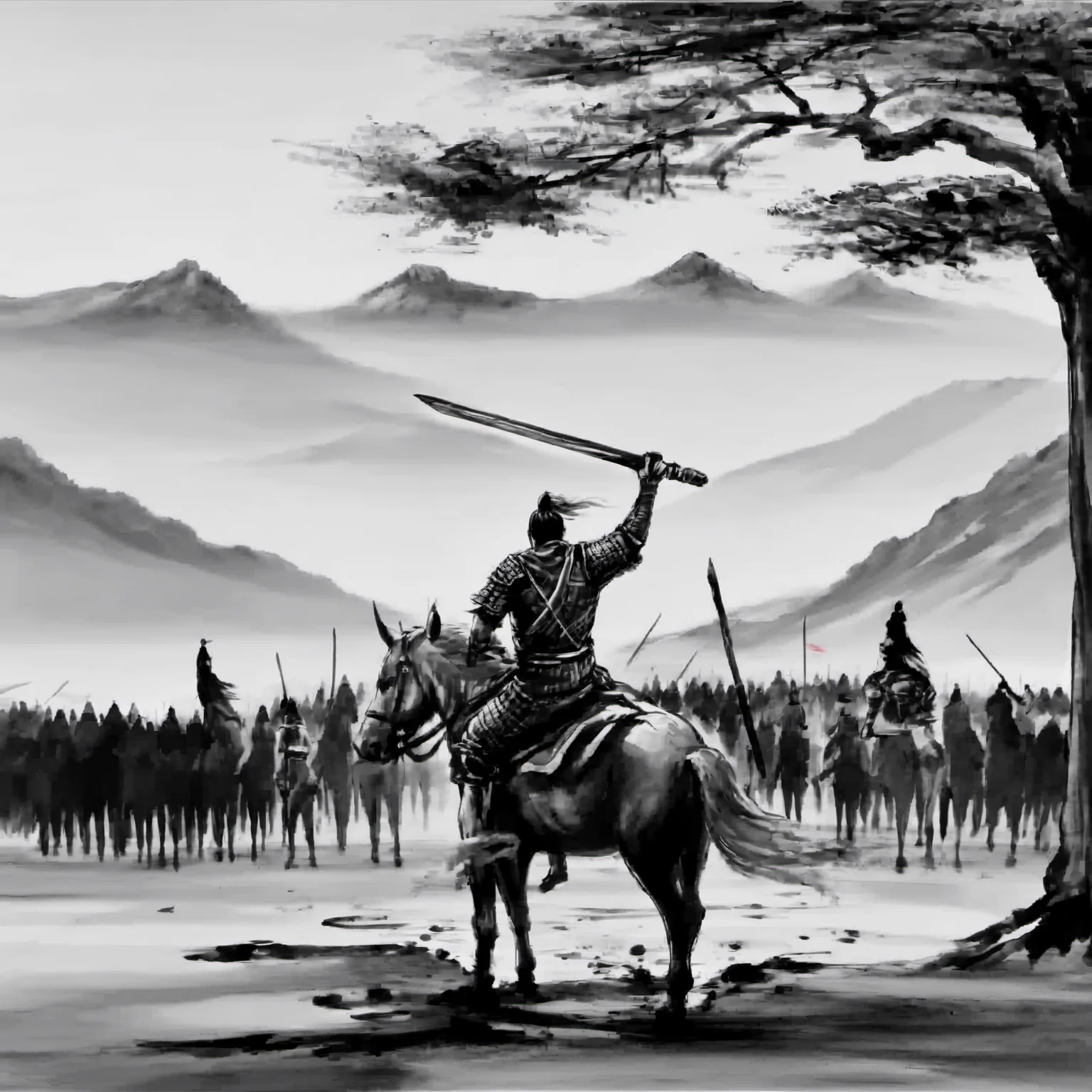 <lora:ink_xiakexing_xl_v1:0.8>,tree,mountains,
ink painting,a painting of a man on a horse with a sword in his hand and a group of men on horses in the background,1boy,holding,monochrome,weapon,greyscale,male focus,sword,holding weapon,armor,helmet,polearm,spear,riding,holding polearm,horse,horseback riding,letterboxed,spot color,