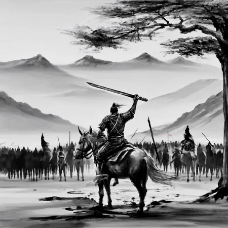 <lora:ink_xiakexing_xl_v1:0.8>,tree,mountains,
ink painting,a painting of a man on a horse with a sword in his hand and a group of men on horses in the background,1boy,holding,monochrome,weapon,greyscale,male focus,sword,holding weapon,armor,helmet,polearm,spear,riding,holding polearm,horse,horseback riding,letterboxed,spot color,