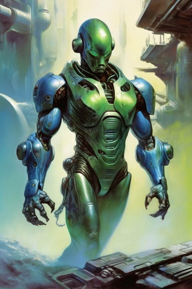 full body photo of a war android, inside industrial spaceship, futuristic science fiction, futuristic theme, muscular, industrial blue and green theme, action scene, digital concept art, realistic, intricate detailed textures, filmic, cinematic, environmental character portrait <lora:Fantasy_art_XL_V1:0.75> stunning fantasy art by boris vallejo