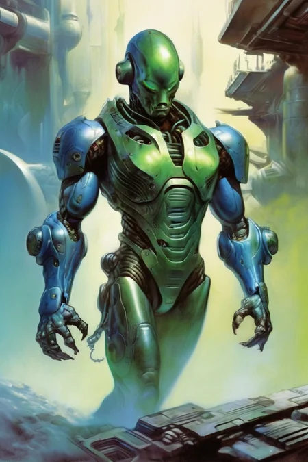 full body photo of a war android, inside industrial spaceship, futuristic science fiction, futuristic theme, muscular, industrial blue and green theme, action scene, digital concept art, realistic, intricate detailed textures, filmic, cinematic, environmental character portrait <lora:Fantasy_art_XL_V1:0.75> stunning fantasy art by boris vallejo