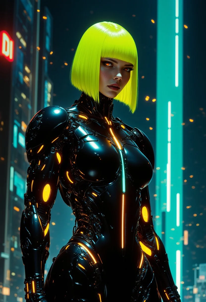 highly detailed cinematic photo, Image is a digital artwork featuring a futuristic, cyberpunk theme. The central subject is a woman with striking neon yellow hair styled in a sleek bob, wearing a high-tech, form-fitting black armored suit lit with neon lights. Her skin is pale, and her expression is serious, with piercing eyes. The suit is detailed with various mechanical components and glowing elements, particularly around the chest and waist. In the background, a dark but neon-lit cityscape is visible, with tall buildings and bright, vertical lights in shades of blue and green, adding depth to the scene. The overall composition is dynamic, with a focus on the central figure, and the color palette is dominated by vibrant colors and contrasting cool tones from the city lights.. Embers float in the air, creating a mystical and intense atmosphere