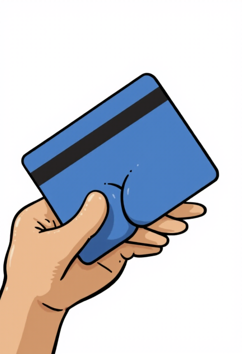 <lora:Butt_Stuff_FLUX-000018:1> 
Cartoon illustration of a credit card shaped like a human buttocks, with exaggerated proportions, being held by a hand.