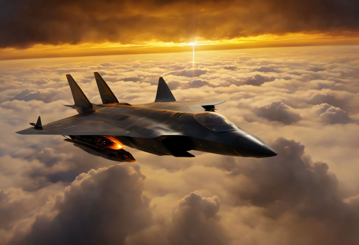 A single stealth fighter jet flies just feet above a thick cloud cover, with the sun behind it, casting a stunning yellow and orange glow over everything. The aircraft features a sleek blended wing body design, reminiscent of Lockheed and Boeing's conceptual art for fifth-generation fighters and top-secret space planes. This scene evokes elements of the B-2 bomber and advanced military drones, suggesting cutting-edge technology and futuristic warfare.
Imagined as a high-detail, hyperrealistic painting, this piece combines the artistic styles of Jason Felix, Robert Peak, and John Luke, blending the realism of a movie still with the grandeur of a masterpiece. The jet, possibly part of a secret project at Roswell Air Base or a NASA endeavor, is rendered in award-winning, super high-resolution quality, suitable for 4K, 8K, or even 16K displays.