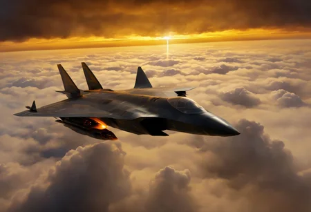 A single stealth fighter jet flies just feet above a thick cloud cover, with the sun behind it, casting a stunning yellow and orange glow over everything. The aircraft features a sleek blended wing body design, reminiscent of Lockheed and Boeing's conceptual art for fifth-generation fighters and top-secret space planes. This scene evokes elements of the B-2 bomber and advanced military drones, suggesting cutting-edge technology and futuristic warfare.
Imagined as a high-detail, hyperrealistic painting, this piece combines the artistic styles of Jason Felix, Robert Peak, and John Luke, blending the realism of a movie still with the grandeur of a masterpiece. The jet, possibly part of a secret project at Roswell Air Base or a NASA endeavor, is rendered in award-winning, super high-resolution quality, suitable for 4K, 8K, or even 16K displays.