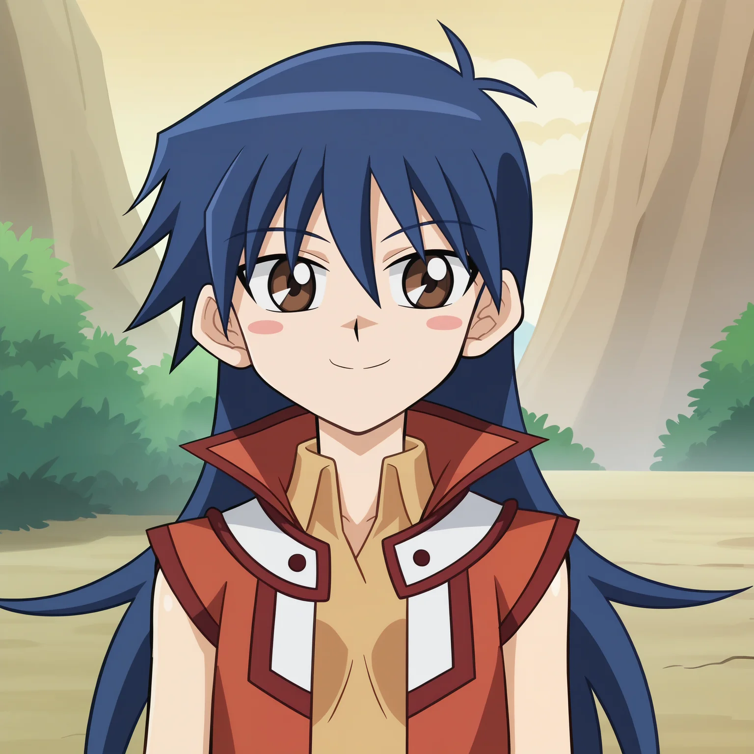 outdoors,
<lora:BlairSDXL_1:1>,blairf, 1girl,solo, long hair, blue hair, sleeveless jacket, sleeveless shirt, brown eyes, smug,blush stickers, hair between eyes, looking at viewer, skinny, portrait,
anime screencap, official art, anime coloring,