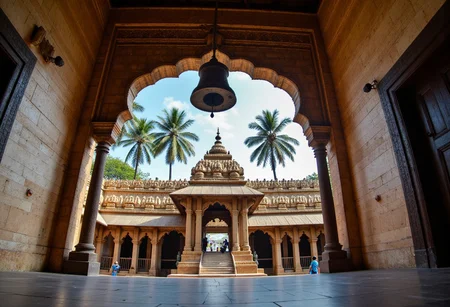 Indian_Building_Flux, A captivating photograph of an ancient Indian temple adorned with exquisite carvings, showcasing the beauty of traditional Indian architecture. A prominent Ghanta, or a ((temple bell)), hangs from above, casting a warm, golden light that illuminates its intricate details. The temple's central location within the complex creates a serene atmosphere, with palm trees swaying gently in the background. The overall ambiance of the image is peaceful, spiritual, and awe-inspiring. GoPro lens, Ultra HiRes Photography