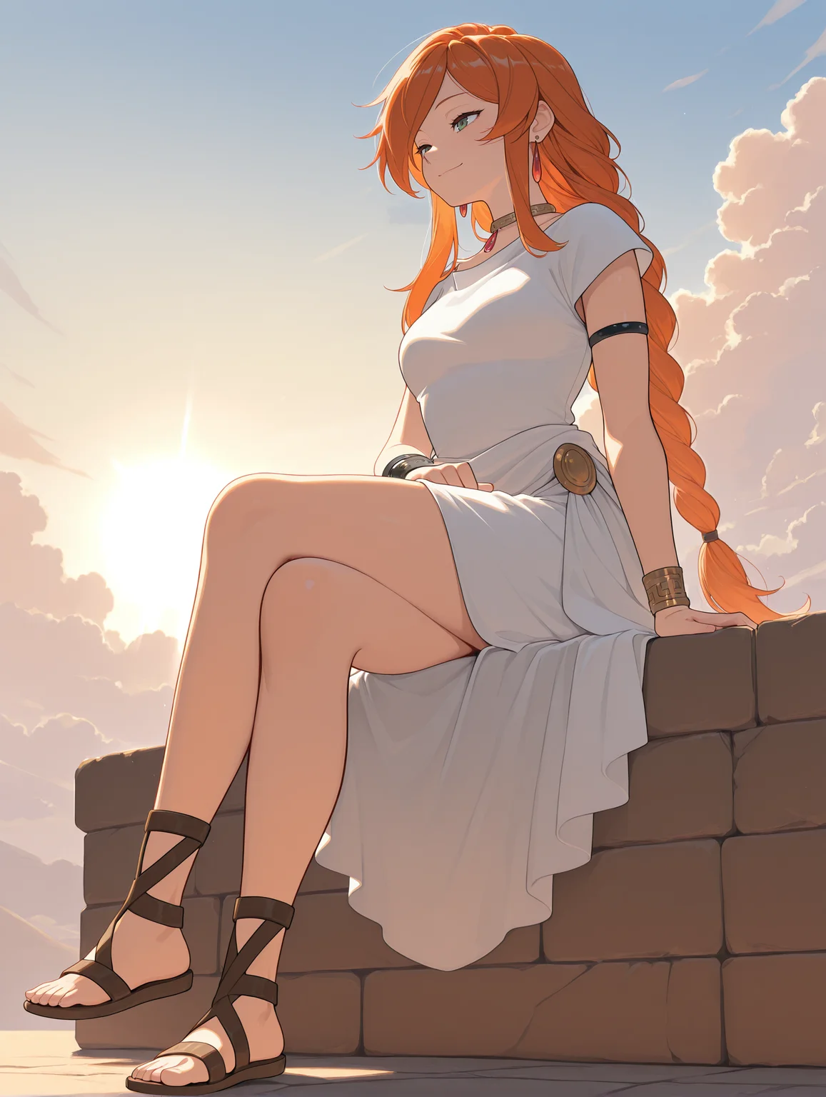 <lora:Flamme Illu:1>fl4mme, orange hair, green eyes, braided ponytail, earrings,
white dress, short sleeves, single armlet, bracelets, necklace, sandals,
sitting crossed legs, closed smile,
outfoors, sky, clouds, sunlight, <lora:StS-Illustrious-Detail-Slider-v1.0:4>, masterpiece, best quality, amazing quality