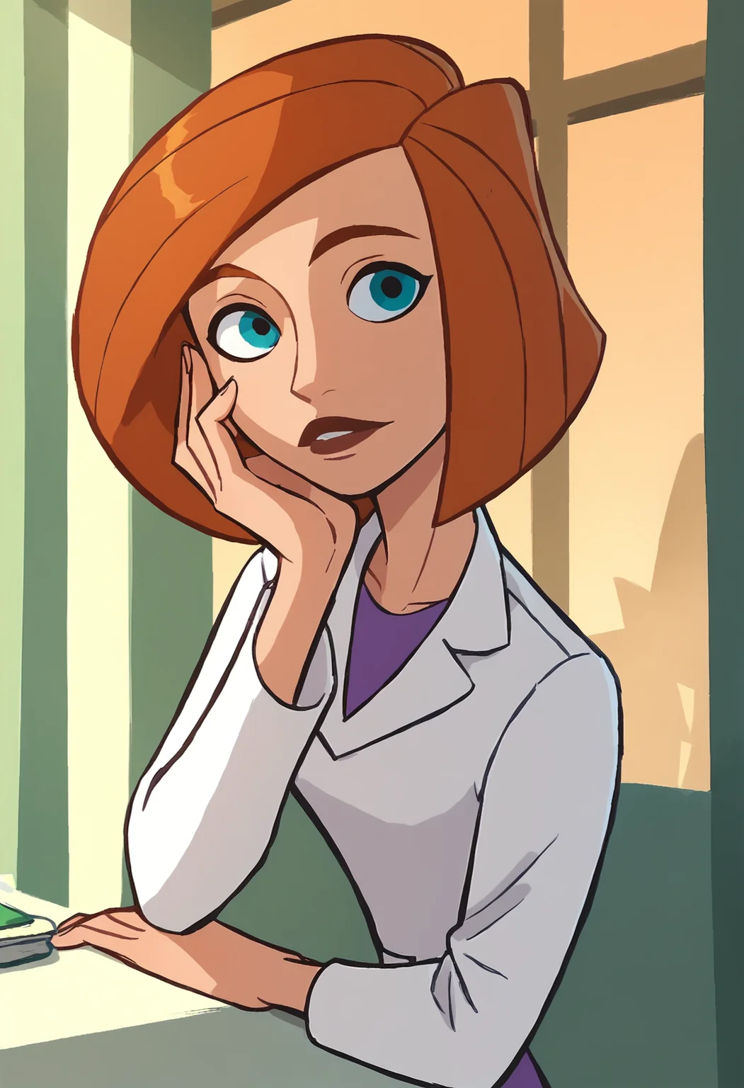 <lora:AnnPossiblePony1.0:1>annp, solo, 1girl, orange hair, blue eyes,hand on own face, short hair, labcoat, purple skirt, score_9, score_8_up, score_7_up, score_6_up, score_5_up, score_4_up, looking at viewer,upper body,