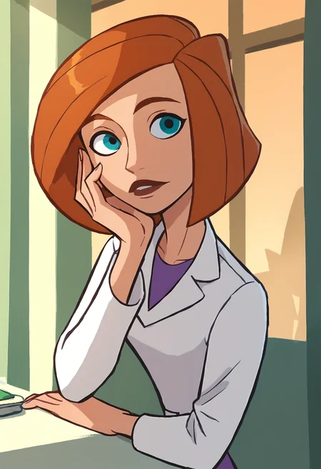 <lora:AnnPossiblePony1.0:1>annp, solo, 1girl, orange hair, blue eyes,hand on own face, short hair, labcoat, purple skirt, score_9, score_8_up, score_7_up, score_6_up, score_5_up, score_4_up, looking at viewer,upper body,