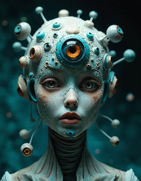 Surrealist photographic composition merging humanoid and alien elements. In the foreground, a hyper-realistic android face with porcelain-like skin, large expressive eyes, and delicate freckles. The face is partially obscured by intricate blue and white mechanical components resembling traditional pottery patterns. Behind this, emerging from shadows, a bizarre spherical creature covered in multiple eyes of varying sizes. The central eye is larger, with a vivid amber iris, surrounded by smaller eyes in shades of blue and brown. The creature's body is textured with fine, hair-like protrusions and sits on small, claw-like feet. The color palette is a contrast of cool blues and warm ambers against a deep teal background. Lighting is dramatic, emphasizing the glossy, reflective qualities of the android's skin and the organic, almost fleshy texture of the eye-covered creature. The image blends hyper-realistic details with impossible, dreamlike elements, creating a sense of beautiful unease and challenging the boundaries between artificial and organic life.