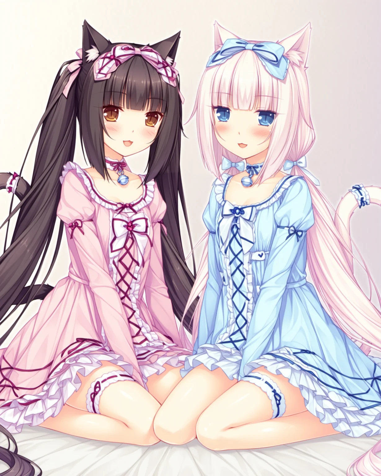 <lora:nekopara-js2pony-v1:0.85>,nekopara,Vanilla_\(nekopara\), Chocola_\(nekopara\), multiple girls, , multiple_girls, 2girls, animal_ears, cat_ears, blue_eyes, long_hair, twintails, :3, pink_hair, blush, brown_eyes, ribbon-trimmed_clothes, smile, bow, bridal_garter, hair_bow, sitting, white_hair, brown_hair, choker, black_hair, tail, very_long_hair, slit_pupils, cat_tail, looking_at_viewer, ribbon, ribbon_trim, open_mouth