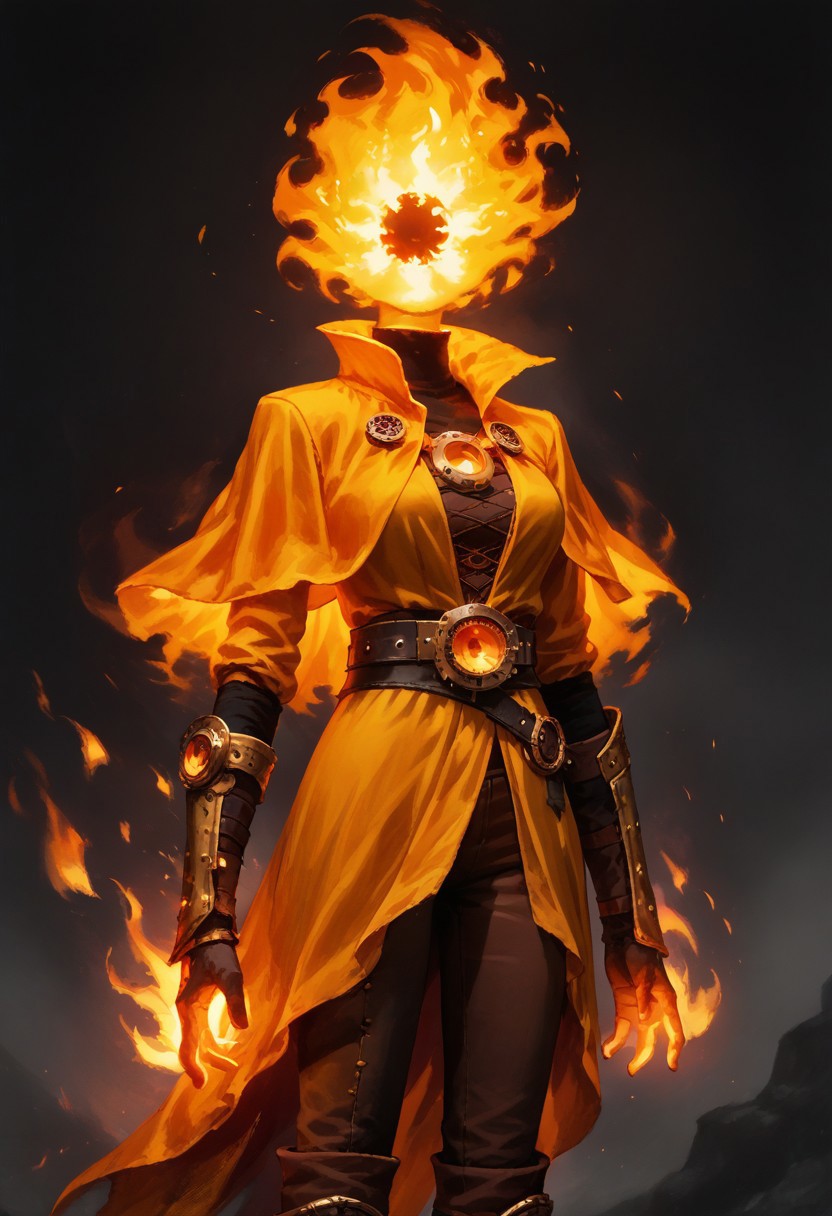 score_9, score_8_up, score_7_up,
lord_of_frenzy, fire head, h3ad, headless,
novakin, faceless, no eyes, no mouth, no nose, no facial features, short fiery yellow orange hair, body made of black plasma,
magical girl outfit, steampunk dress, boots, brown shorts, black tights, medium breasts, belt,
simple background, grey background,