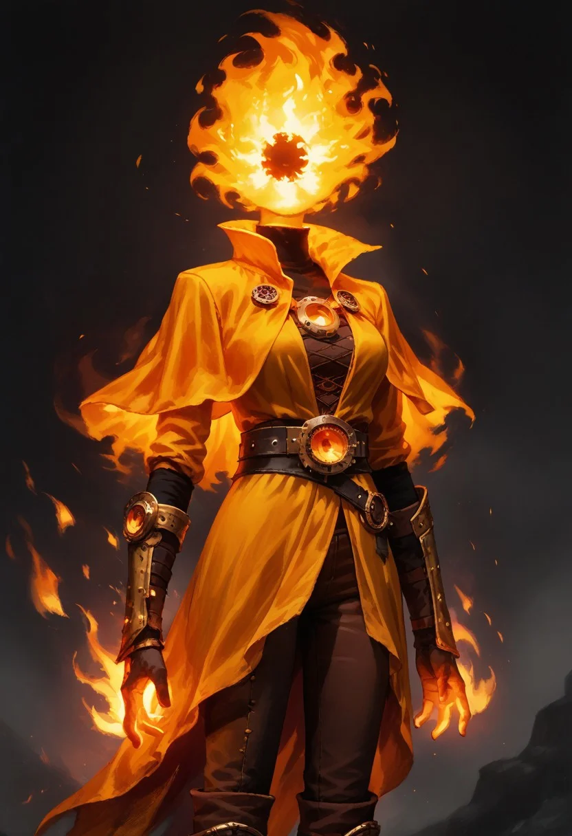 score_9, score_8_up, score_7_up,
lord_of_frenzy, fire head, h3ad, headless,
novakin, faceless, no eyes, no mouth, no nose, no facial features, short fiery yellow orange hair, body made of black plasma,
magical girl outfit, steampunk dress, boots, brown shorts, black tights, medium breasts, belt,
simple background, grey background,